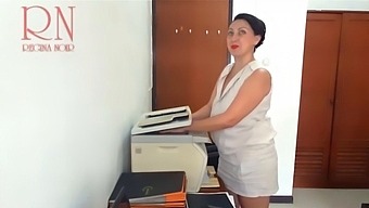 The Secretary Looks At The Boobs And Pussy In Mfp Security Camera During The Office.