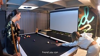 Two Brown-Skinned Beauties Take Turns Giving A Blowjob On A Pool Table