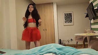 Stunning Lady In Red Skirt And Lingerie, Craving For A Passionate Christmas Gift